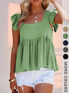 New Summer Women's Ruffle Square Neck Sleeveless Shirt Blouse, Solid Color Button Babydoll Top, Elegant Fashion for Office and Dates