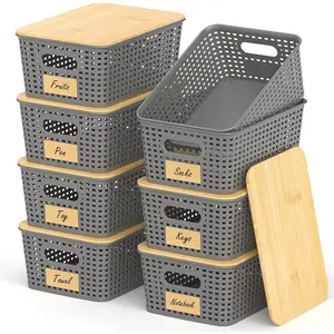 Storage Basket: Plastic Baskets Bins, Baskets for Organizing, Pantry Decorative Containers for Closets, Cabinets, Shelves(8 Pack, Grey)
