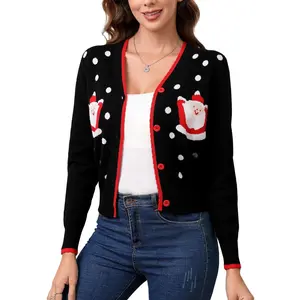 Clearlove Festive Christmas Candy Cane Santa Cardigan Sweater for Women Cheerful Holiday Knitwear Santa L
