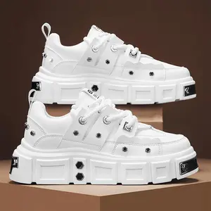 Men’s Trendy White Platform Sneakers – Classic casual sneakers with a durable rubber sole, comfortable fabric lining, and a stylish studded design for casual wear and sporty lifestyles | Trendy platform sneakers | Lace-up closure