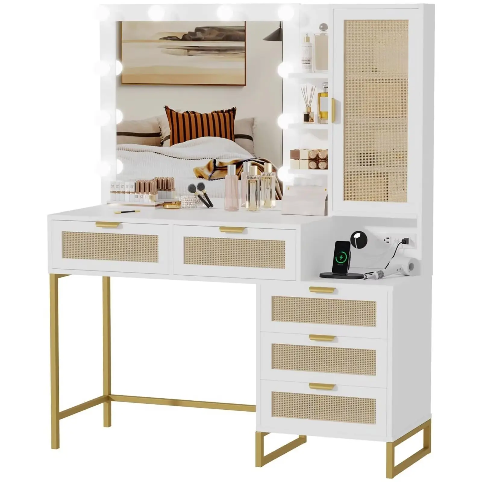 Gaomon Rattan LED Vanity Dresser - Color-Adjustable, Multi-Function, Drawer-Equipped Makeup Vanity with 12 Adjustable Bulb Lights (3 Lighting Colors), 5 Drawers, Storage Cabinet, Built-In Power Outlet, Color-Adjustable Makeup Vanities