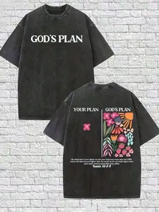 Vintage Washed Unisex Oversized, Round neck T-shirt God's Plan Floral Bible Verse Graphic Tee Gym Workout Christian Streetwear Casual Heavyweight Drop Shoulder Summer Top Fitness Shirt Short Sleeve Retro Style Gift for Him Her