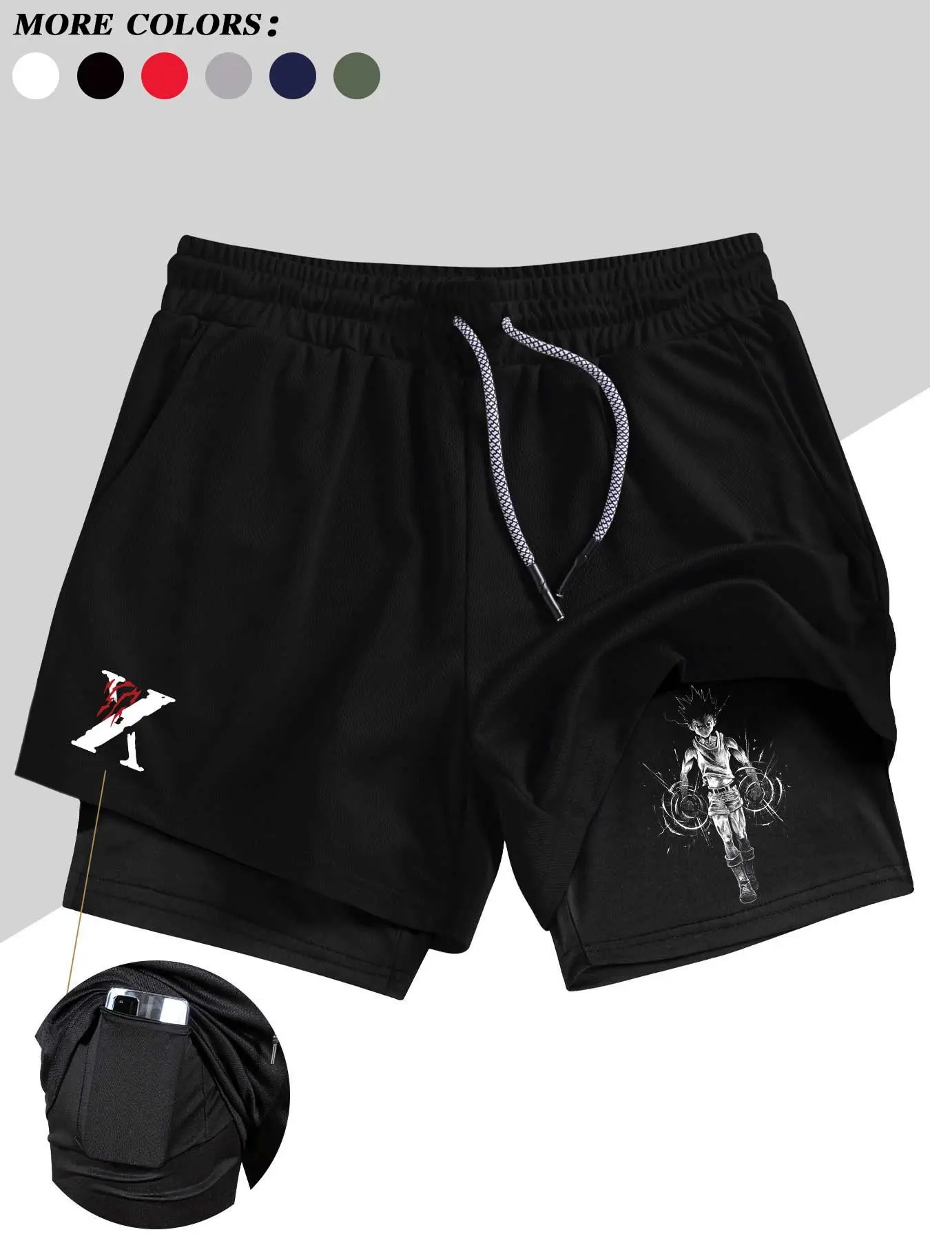 Men's Black and White Graphic Streetwear Sports Shorts, Side Pocket Shorts - Breathable, quick-drying, double-lined, with an adjustable drawstring waistband, suitable for running, fitness, basketball, and other sports