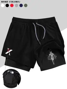 Men's Black and White Graphic Streetwear Sports Shorts, Side Pocket Shorts - Breathable, quick-drying, double-lined, with an adjustable drawstring waistband, suitable for running, fitness, basketball, and other sports
