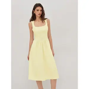 CIDER Linen-blend Square Neck Ruffle Midi Dress