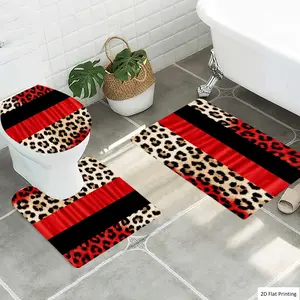 1/3Pcs Leopard with Red and Black Elements Bathroom Mat Set, Flannel Non Slip Bath Rug, Toilet U-Shape Mat, Toilet Lid Cover, Thickened Soft Absorb Water, Microfiber Surface Memory Foam Cushion, Home Bathroom H, Bathroom Floor Mat