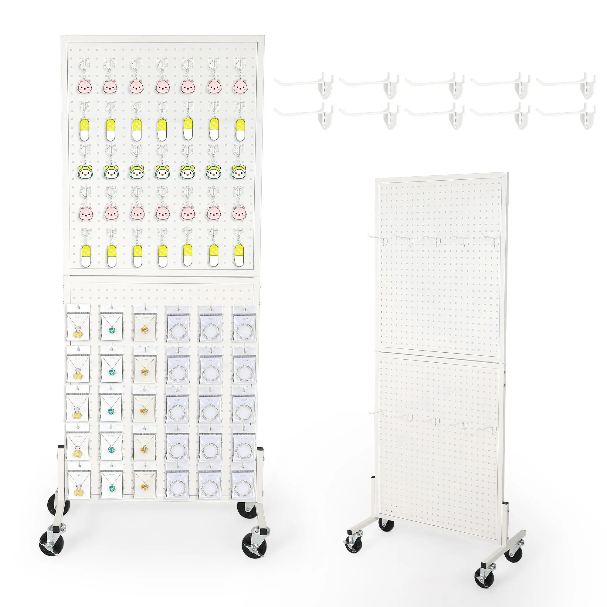Height-adjustable metal pegboard display shelf on wheels – Freestanding pegboard stand with T-base & 10 hooks – Robust, mobile & versatile for retail, trade fairs, workshops, garages,White