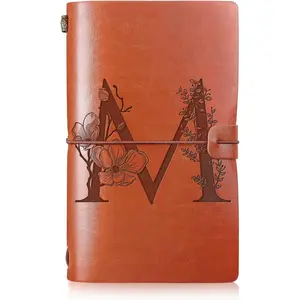 Initial Leather Travel Journal Monogrammed Notebook Appreciation Gifts Refillable Personalized Diary Writing Notepad for Women Graduation Birthday Christmas (M)