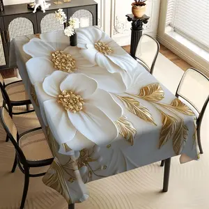 JIT 1pc 2D flat warm white floral pattern rectangular tablecloth, suitable for kitchen, living room, and dining table, kitchen accessory, party, room & outdoor decorative tablecloth, a tablecloth gift for friends, Rectangle tablecloth
