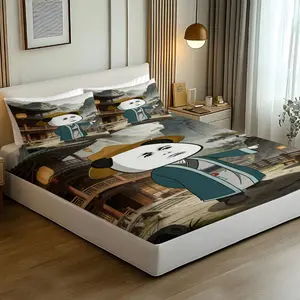 3PCS Ancient Chinese Meme Panda Fitted Sheet Set, Funny Asian Style Bed Sheet Set, Soft Microfiber Bedding Set (No Fillers), Vintage Chinese Landscape Printed Mattress Cover for Meme Lovers, Dorm & Asian Themed Bedroom Decor
