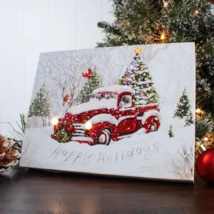 Holiday Tree 8x6 Lighted Tabletop Canvas with Red Truck & Christmas Tree Design Fiber Optic LED Technology Auto Timer Artist Gina Jane