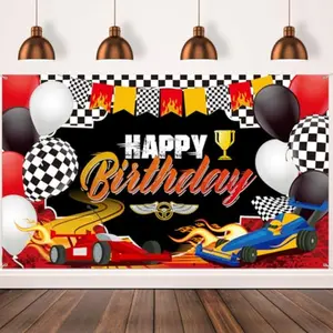 2D Flat Banner 1pc Racing Birthday Background Car Theme Party Decoration Photo Backdrop, Pull Flag Banner No Power Needed