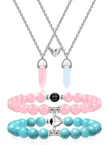 4pcs Natural Crystal Stone Bracelet and Necklace Jewelry Set, Magnetic Heart Bracelet Hexagonal Column Necklace, Valentine's Day Gift for Lovers
