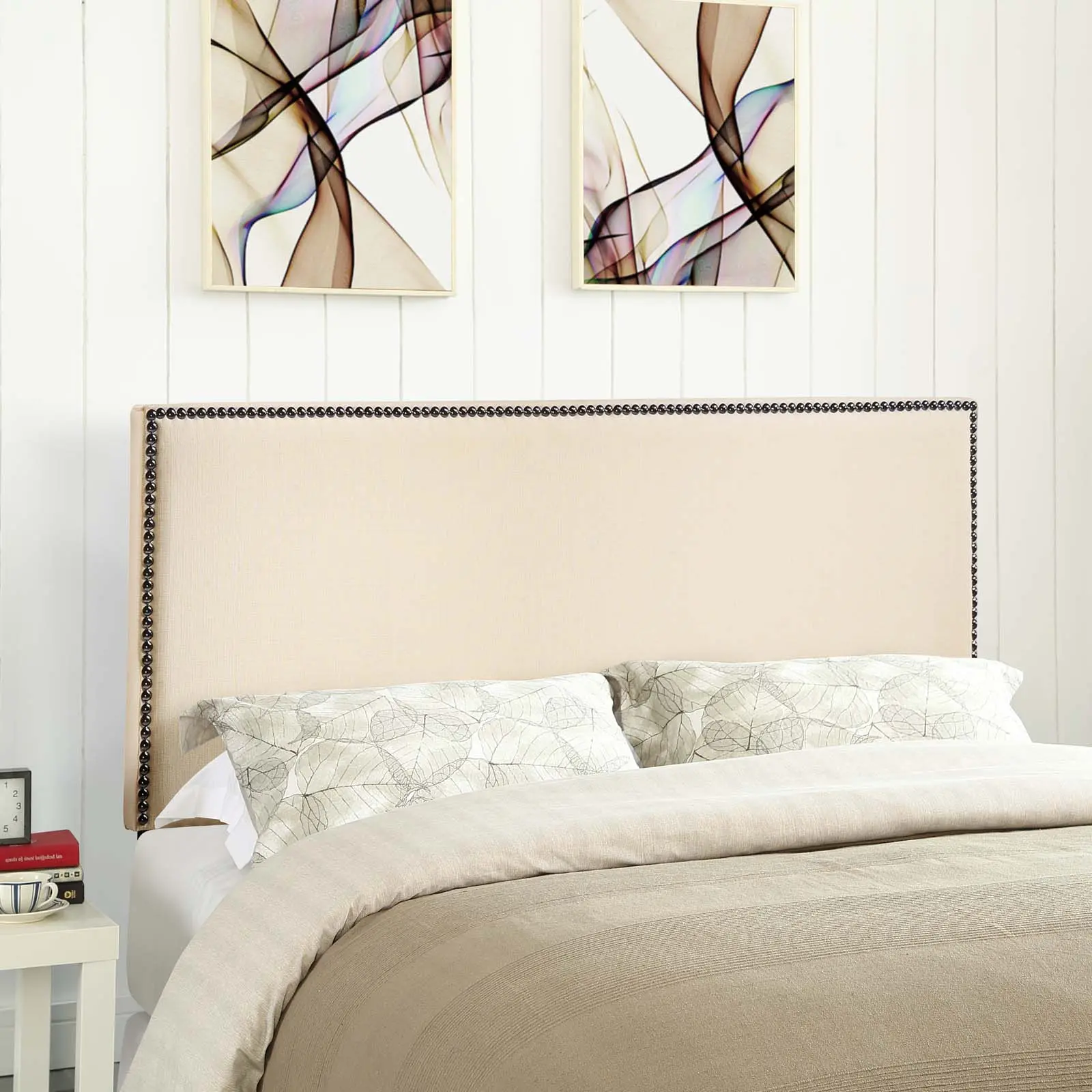 Modway Region Nailhead Trim Full Upholstered Headboard for Beds, Ivory Linen Fabric with Contemporary Design & Fabric Upholstery