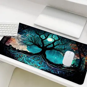 Fantasy Forest and Trees Design Mouse Pad, Rectangle Gaming Mouse Pad, Non-Slip Rubber Base Stitched Edge Desk Pad for Home Office, Desk Accessories
