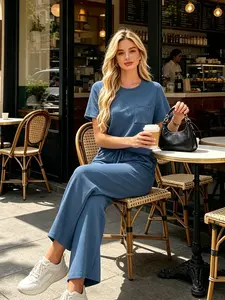 Women's Fashion Basic Solid Color Casual Round Neck Pocket T-Shirt + Drawstring Wide Leg Pants Set Loose Fit Slimming Wide Leg Pants Two-Piece Set Suitable for Summer Commuting to Work Shopping Outings Indoor and Outdoor Wear Womenswear