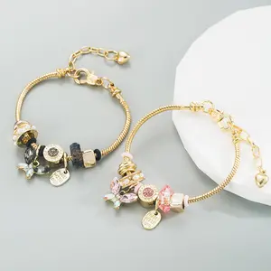 Women's New Fashion DIY Stainless Steel Bangle Set - Romantic Butterfly Crystal Beads, Dora-Inspired Playful Charm Bracelet Accessories