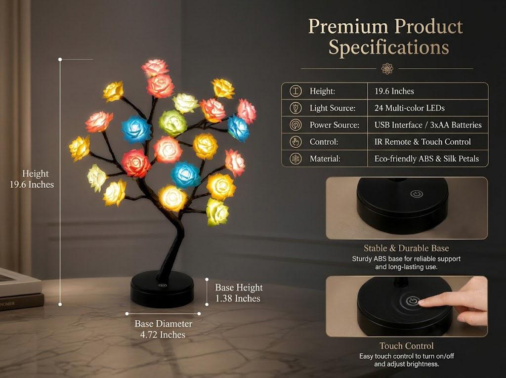 RGB LED Rose Flower Tree Lamp - Remote Control, Upgraded Chip, Timer, USB/Battery Powered, Dimmable, RGB Night Light, Indoor Table Lamp, Camping Lantern, Romantic Gift for Her, Housewarming Decor, Indoor Use, Aesthetic Table Lamp