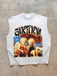 Men's Casual Fitted Sleeveless Tank Vest, Angel Drink Coke Graphic Print, Contrast Effect, Vintage Texture, Comfortable Fabric, Perfect for Skateboarding and City Walks, Menswear