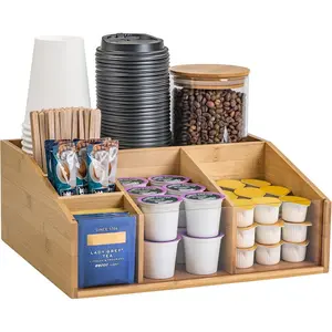 Bamboo Coffee Station Organizer for Countertop, Coffee Bar Accessories Organizer with 6 Compartments for Tea Bags Condiment, Pods, Creamer, Syrup, Cups