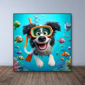 5D Diamond Arts Colorful Painting Kit, Dog Diving Pattern DIY Diamond Arts Colorful Painting without Frame, Handmade Craft Wall Decoration