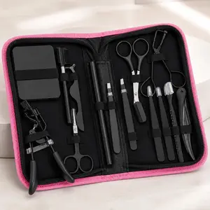 14-Piece Eyebrow Grooming Kit with Pink Travel Case, Professional Brow Shaping Set with Tweezers, Scissors, Eyebrow Razor, Spoolie Brush, Comb and Brow Pencil for Women & Men, Travel Makeup Tool Kit