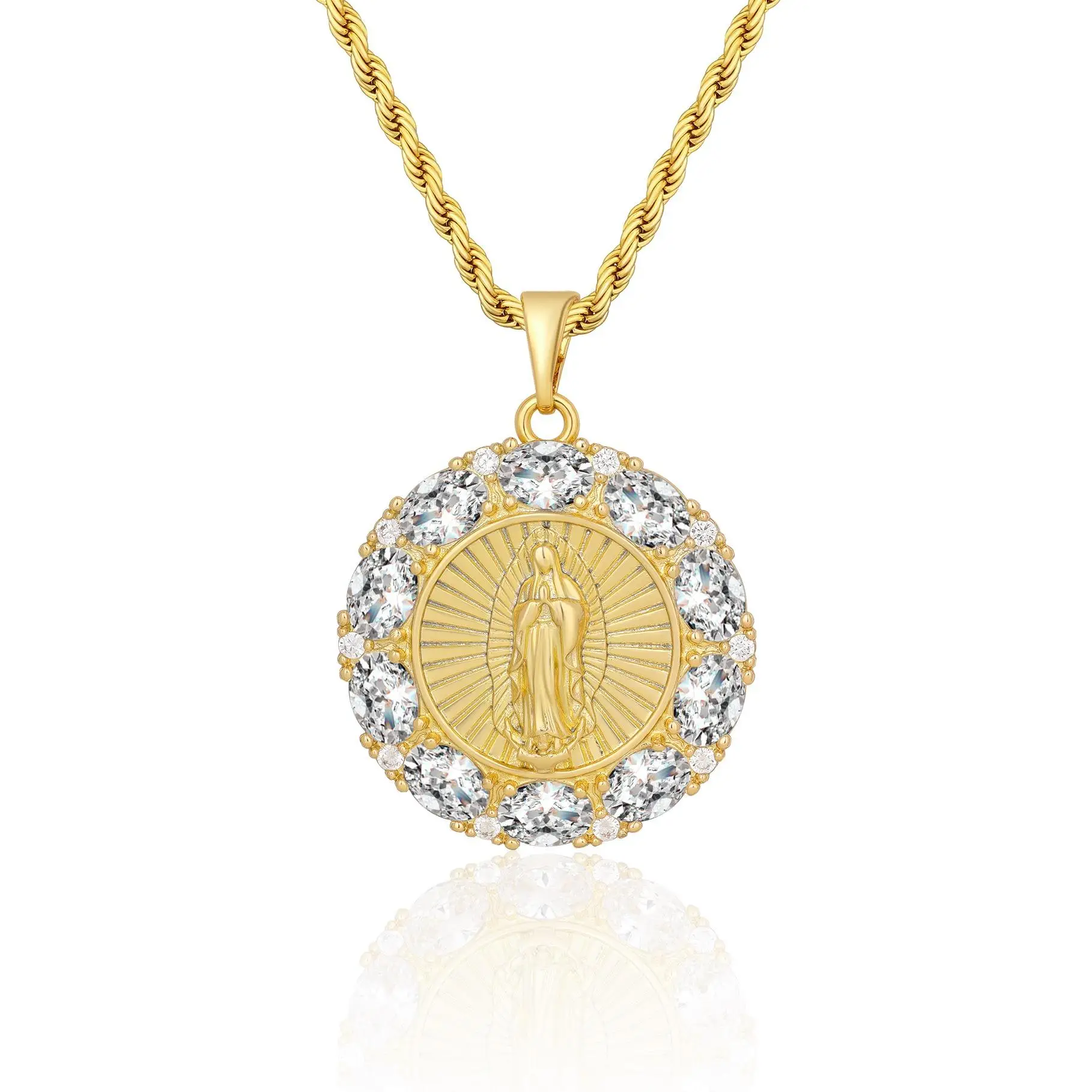 Mytys Virgin Mary Necklace Cubic Zirconia Inlay Pendant Chain Necklace Faith Jewelry Gift