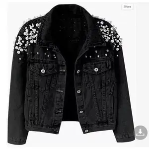 Spring and autumn new heavy beaded denim jacket women's short long sleeved fashion jacket big pearl denim jacket