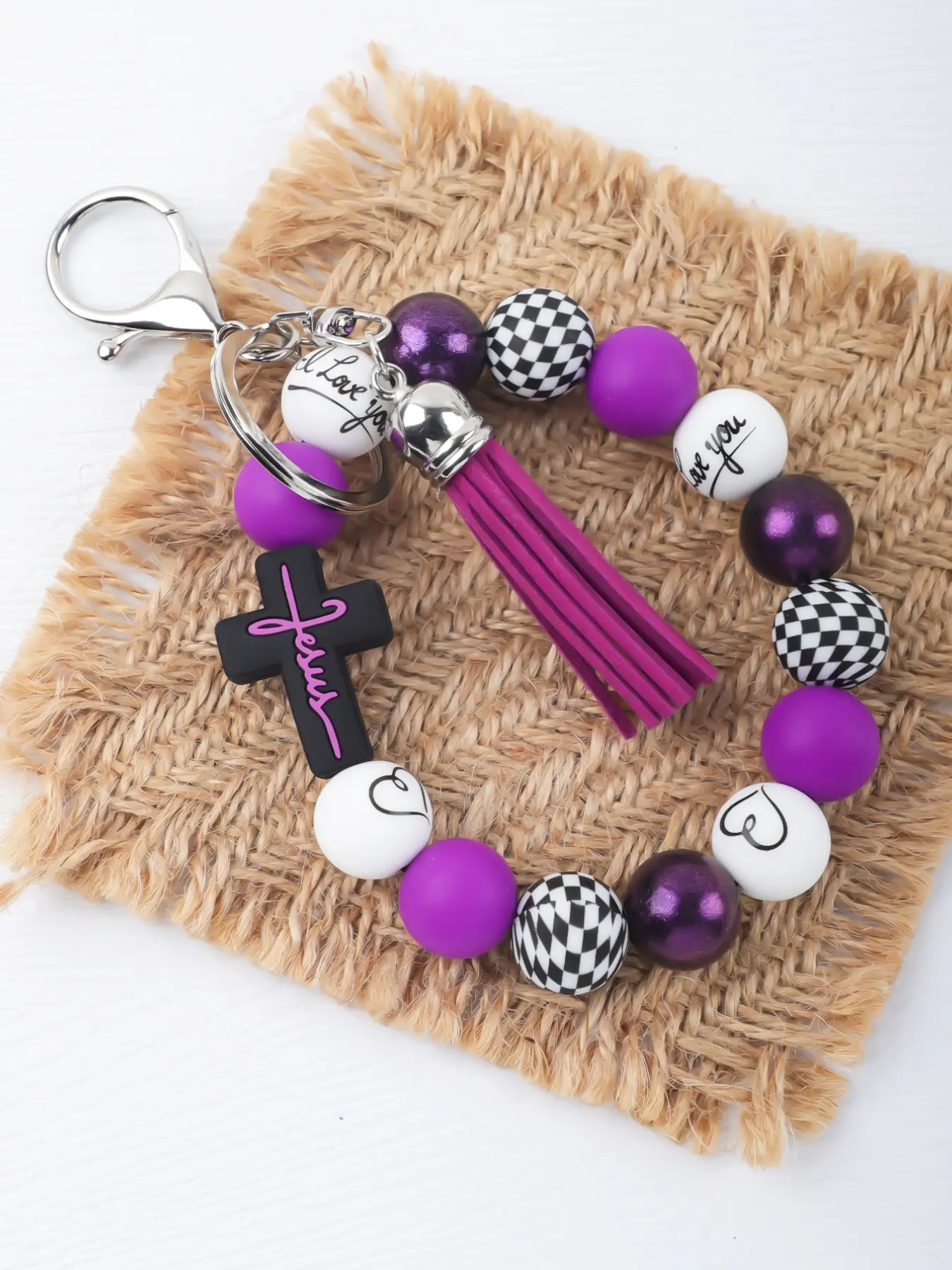 Jesus Cross Beaded Wristlet Keychain, Silicone Bead Tassel Keyring, Stylish Keychain, Christian Faith Gift Bag Charm, Keychain For Bags, Religious Jewelry Accessory, Keychain Wristlet Strap