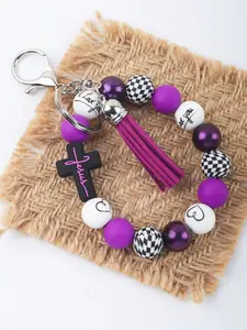 Jesus Cross Beaded Wristlet Keychain, Silicone Bead Tassel Keyring, Stylish Keychain, Christian Faith Gift Bag Charm, Keychain For Bags, Religious Jewelry Accessory, Keychain Wristlet Strap