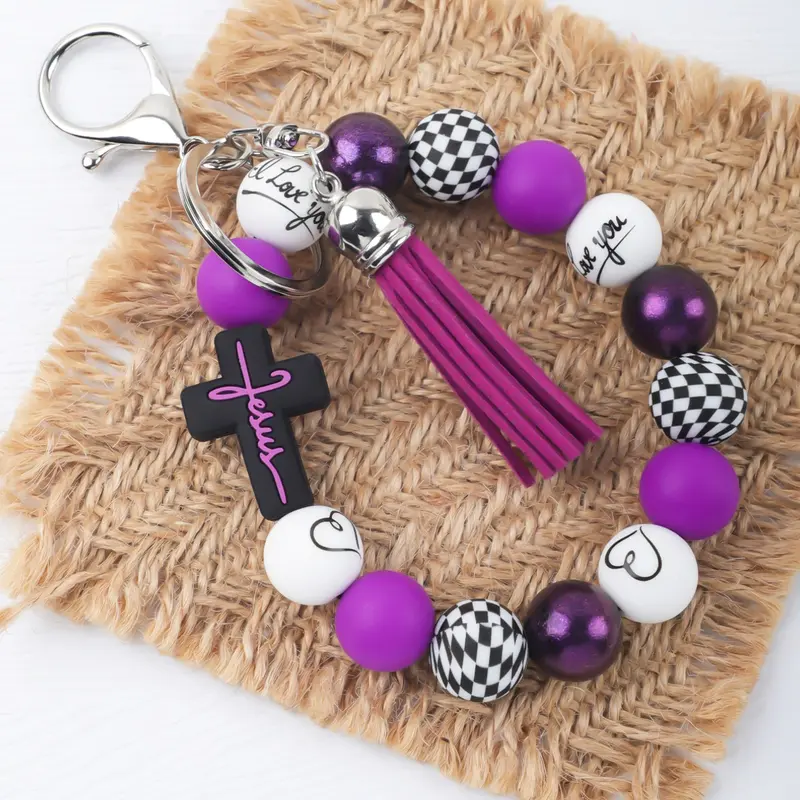 Jesus Cross Beaded Wristlet Keychain, Silicone Bead Tassel Keyring, Christian Faith Gift Bag Charm, Religious Jewelry Accessory, Keychain for Bags