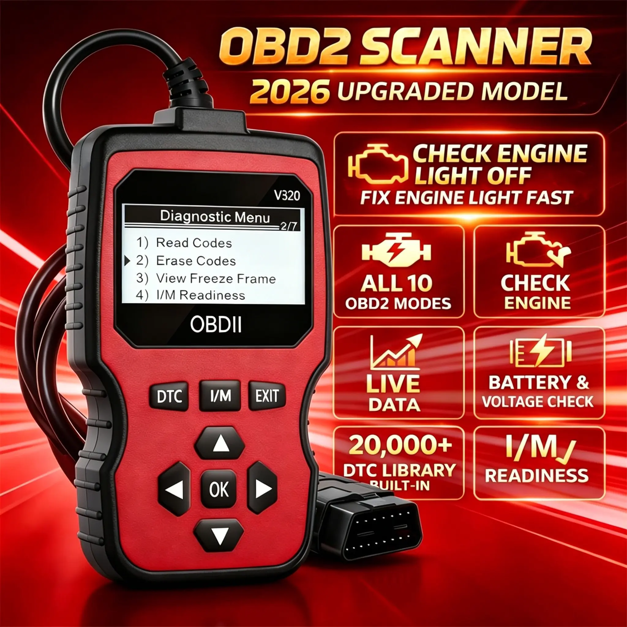 OBD2 Engine Fault Code Reader, Multifunctional Car Diagnostic Tool, Vehicle Diagnostic Scanner, Professional Car Scanner Diagnostic Tool for All OBD II Protocol Cars Since 1996, Car Computer Diagnostic Reader