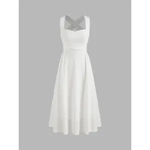 Cider [3 colors, size 0-26] Square Neck Solid Criss Cross Ruffle Midi Dress