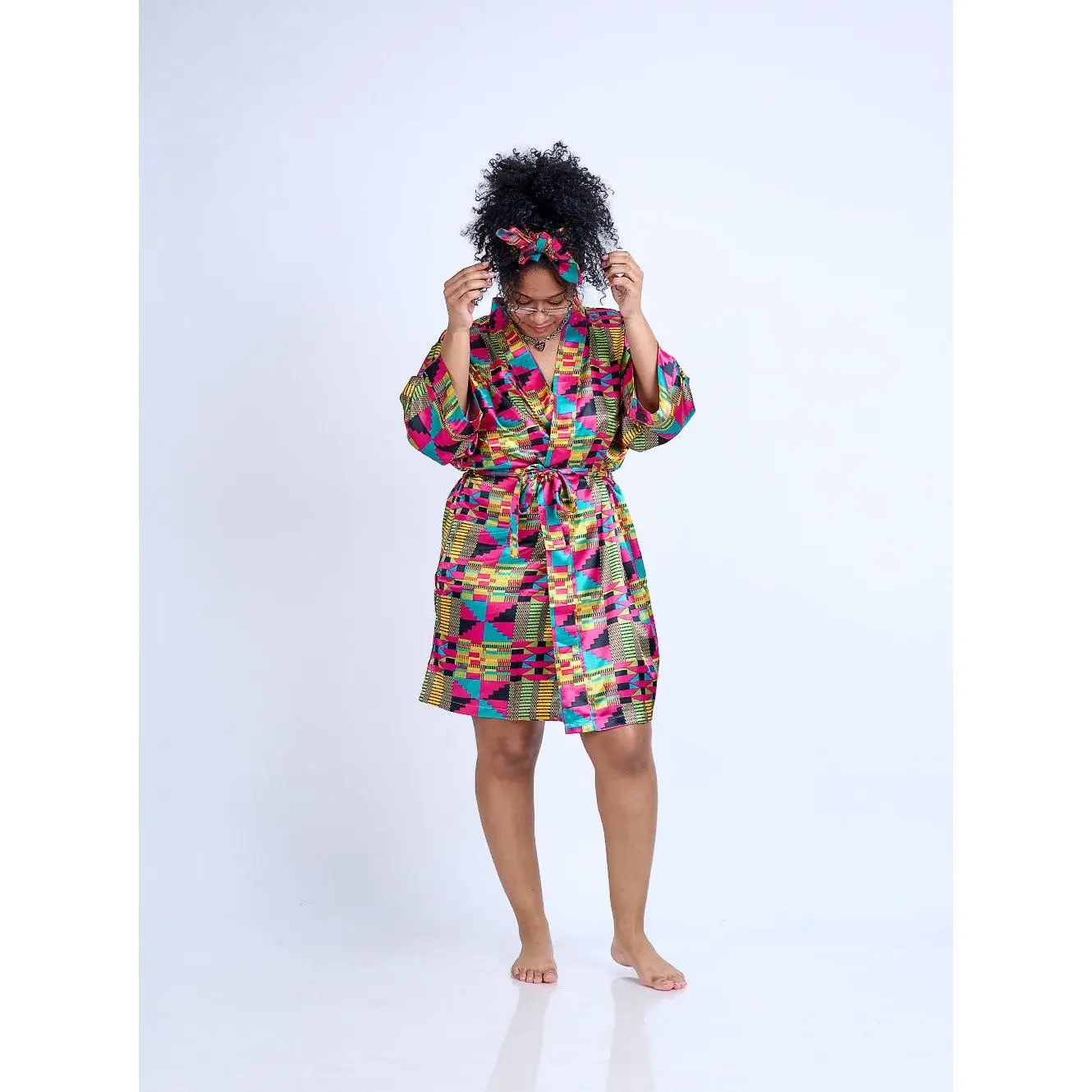 Lady's Exotic African Print Satin Bathrobe - Pink Kente, Adjustable Women's Loungewear Gown, Fashion, Fabric, Gowns, Sexy, Nightwear, Silky, Chic, Bridal