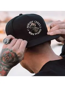 1pc "Nobody Cares, Work Harder" Skull Print Snapback Cap - Adjustable, Funky Street Hip-Hop Style, 100% Polyester Baseball Hat with Flat Brim for Men & Women