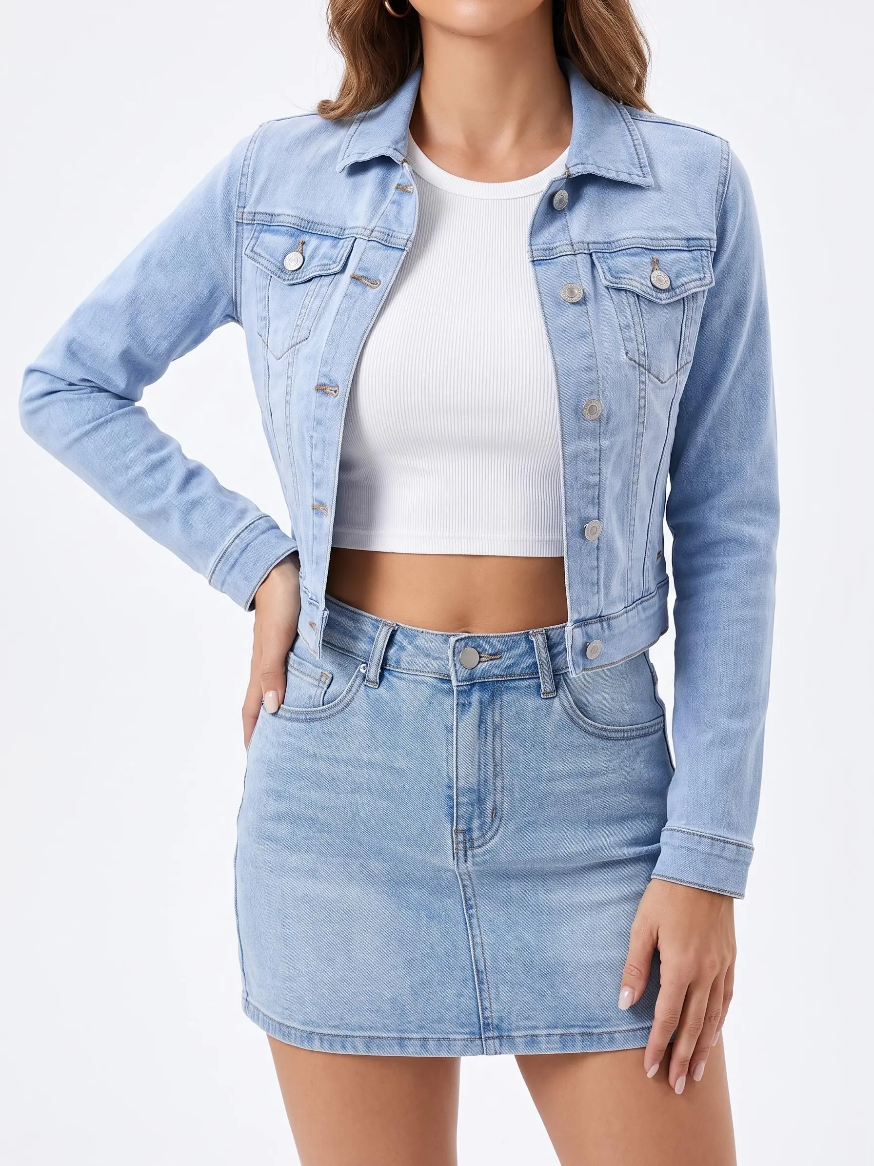 Luvamia Cropped Jean Jackets for Women Fashion Short Denim Shacket Jacket Lightweight Fitted Stretchy with Pockets Casual Long Sleeve Outerwear