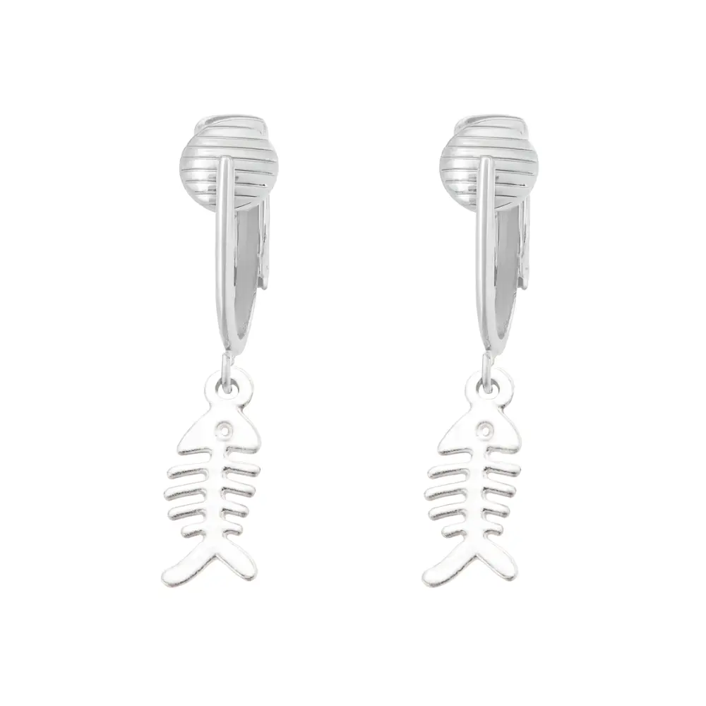 Silver Fishbone Charm Clip On Dangling Earrings