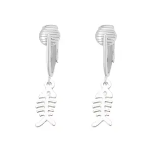 Silver Fishbone Charm Clip On Dangling Earrings