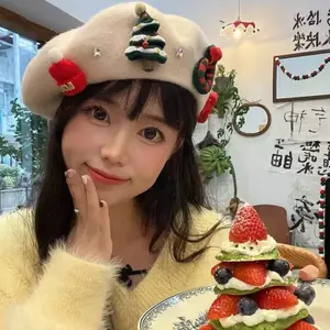 Christmas Bow Beret Hat for Women New Trendy Style Woolen Painter Hat Sweet Holiday Red Christmas Hat