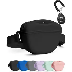 Dog Treat Pouch with Training Clicker, Upgrade Stronger Magnetic Closure to Avoid Spilling, 1.67 Cup Silicone Treat Bag Fanny Pack with Waist Belt for Pet Training Walking (Black)