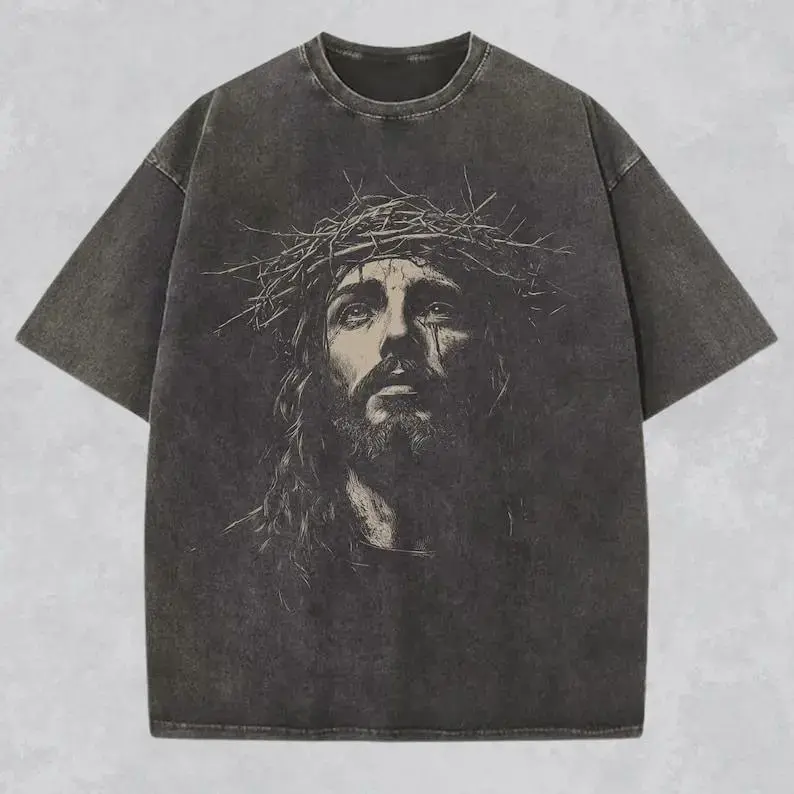 Men's Vintage Short-Sleeve Round Neck Heavyweight Cotton T-Shirt - Distressed Acid-Washed, Unisex Christian Faith Church Gift Casual Apparel, Tshirt