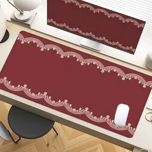 Desk Pad, Desk Accessories, Floral Lace Vintage Red Gaming Mousepad XXL With Non-Slip Rubber Base Stitched Edges Surface For PC Gamers Office Workers & Home Use Perfect Gift For Romantic Occasions