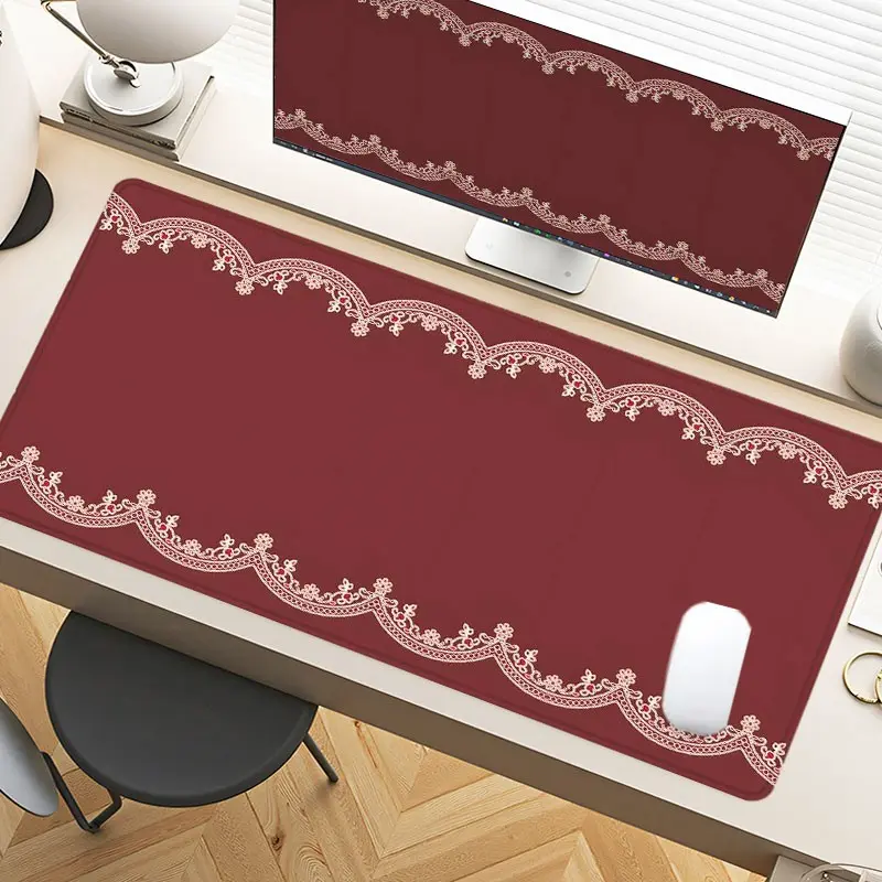 Desk Pad, Desk Accessories, Floral Lace Vintage Red Gaming Mousepad XXL With Non-Slip Rubber Base Stitched Edges Surface For PC Gamers Office Workers & Home Use Perfect Gift For Romantic Occasions