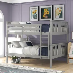 Voohek Full-Over-Full Bunk Bed with Ladder for Kids, Teens, Bedroom, Guest Room Furniture, Solid Wooden Bedframe, Full-Length Guardrail, No Box Spring Required