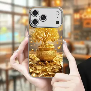 Premium Light Luxury Fashion Elegant Money Tree Golden Metallic Paint Tempered Glass Phone Case for iPhone 16 Pro Max/16 Plus/16Pro/16/15 Pro Max/15 Plus/15 Pro/15/14 Pro Max/14 Plus/14 Pro/14/13Pro Max/13 Pro/13/12 Pro Max/12 Pro/12/11 Pro Max/11