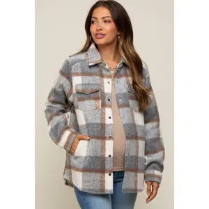 Grey Plaid Fleece Maternity Shirt Jacket