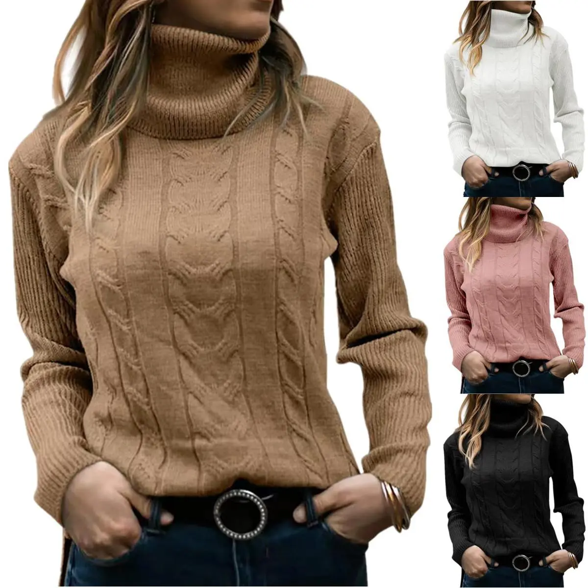 Womens' Turtleneck Long Sleeve Cable Knit Sweaters