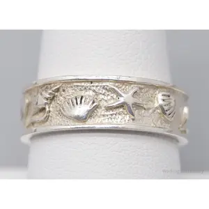 Vintage Seashells Sterling Silver Band Ring - Size 8.75