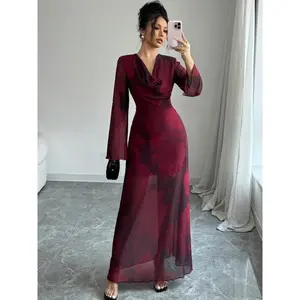 Boho Style Women's Long Dress, Floral Print, Slim-Fit Woven Fabric, Perfect for Beach Parties & Summer