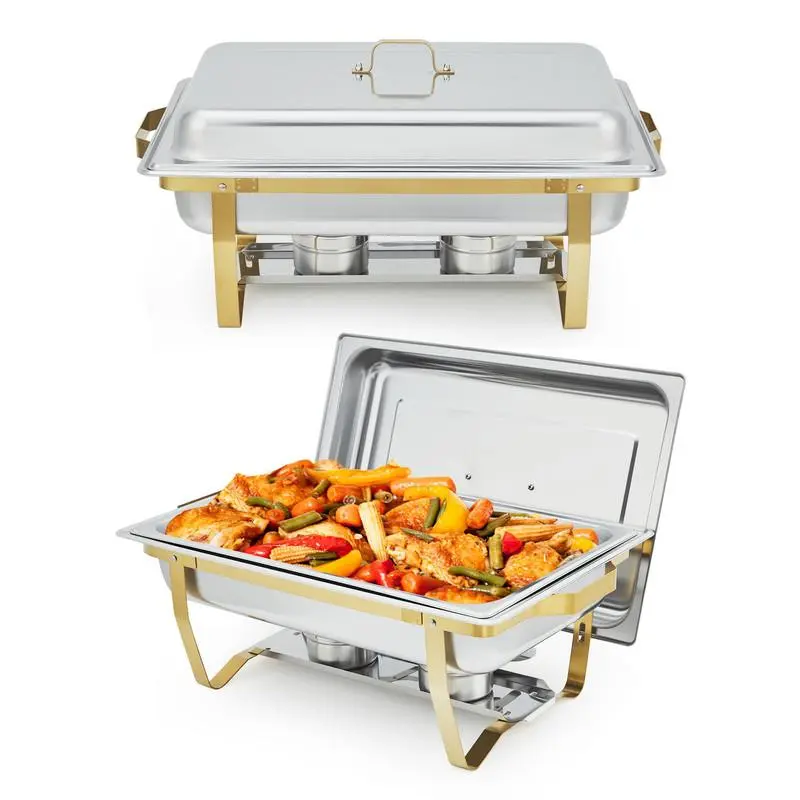 2-Piece 8QT Stainless Steel Buffet Server & Warmer Set, Sturdy Gold Rectangular Chafer with Lid, Foldable Frame, Dessert Tray, Pans & Dish for Catering Supplies, Two Piece Set